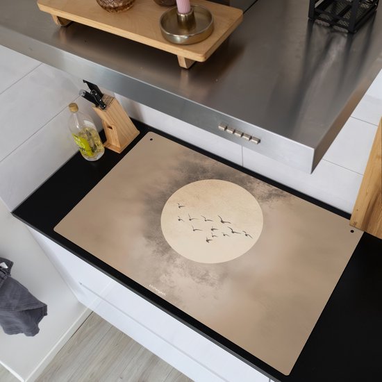 KitchenYeah® Protection plaque induction 95x50 cm - Oiseaux - Beige - Japandi - Protege plaque de cuisson - Couvre plaque induction - Protecteur d'induction - Cuisine
