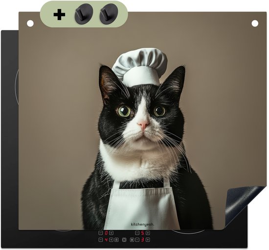 KitchenYeah® Protection plaque induction 57.6x51.6 cm - Chat - Vêtements de chef - Noir - Blanc - Protege plaque de cuisson - Couvre plaque induction - Protecteur d'induction - Cuisine