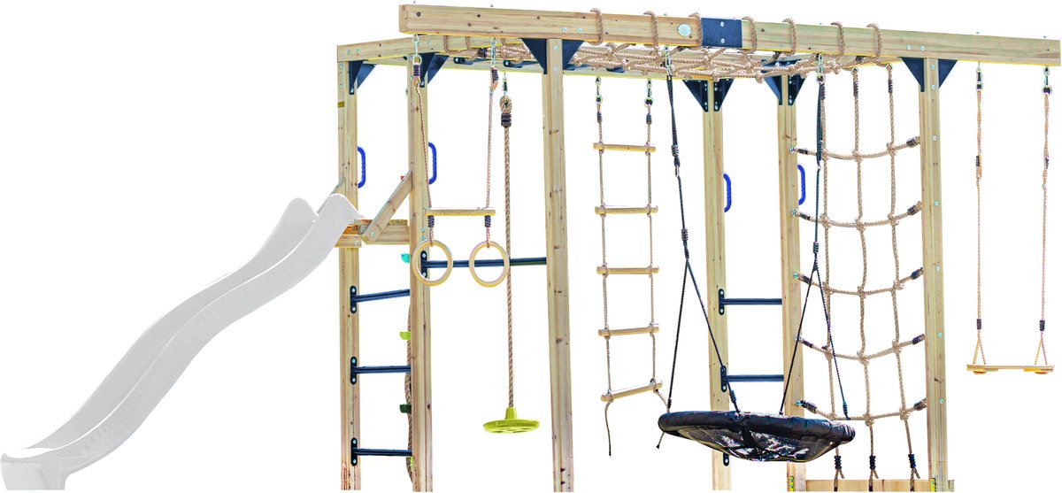 AXI Boris Klimtoestel Bruin met Schommels en Trapeze – Witte Glijbaan – Monkey Bars en Klimnetten – Duikelstang – Diverse Ladders