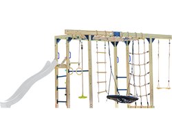 AXI Boris Klimtoestel Bruin met Schommels en Trapeze – Witte Glijbaan – Monkey Bars en Klimnetten – Duikelstang – Diverse Ladders