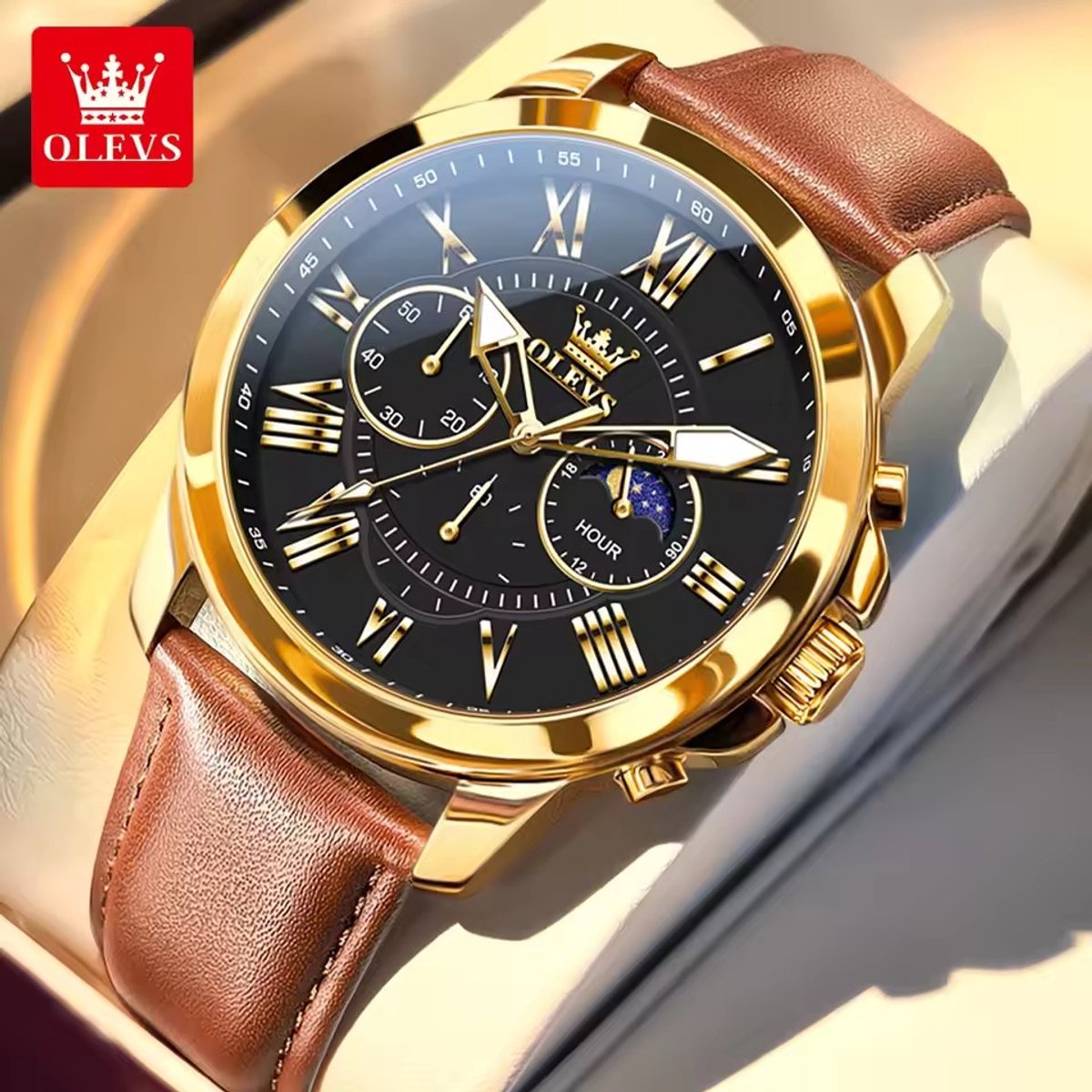 HO-3632.br-g-zw : Olevs goudkl edelstaal chronografisch quartz horloge, zwarte wijzerplaat, cognackl genuine lerenband, uren minuten maanfase -aanduiding