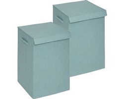 5Five Eureka sorteer wasmand - 2x - 74 liter - lichtblauw - 37 x 37 x 60 cm - MDF/Polyester stof - met afsluitklep
