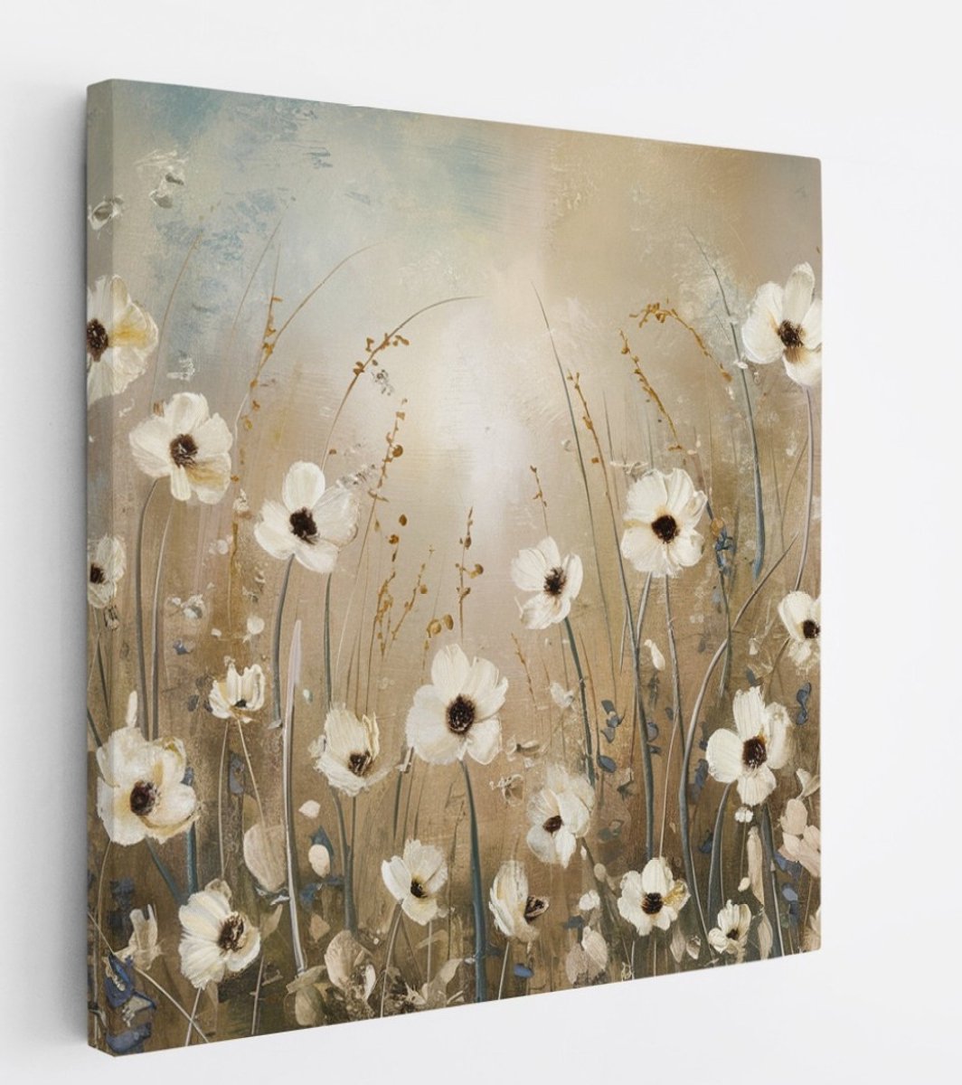 Saammp Canvas Schilderij - Abstracte Witte Bloemen - Natuur - 20x20 - Foto op canvas - Wanddecoratie - Muurdecoratie Woonkamer - Kantoor Decoratie Multicolor