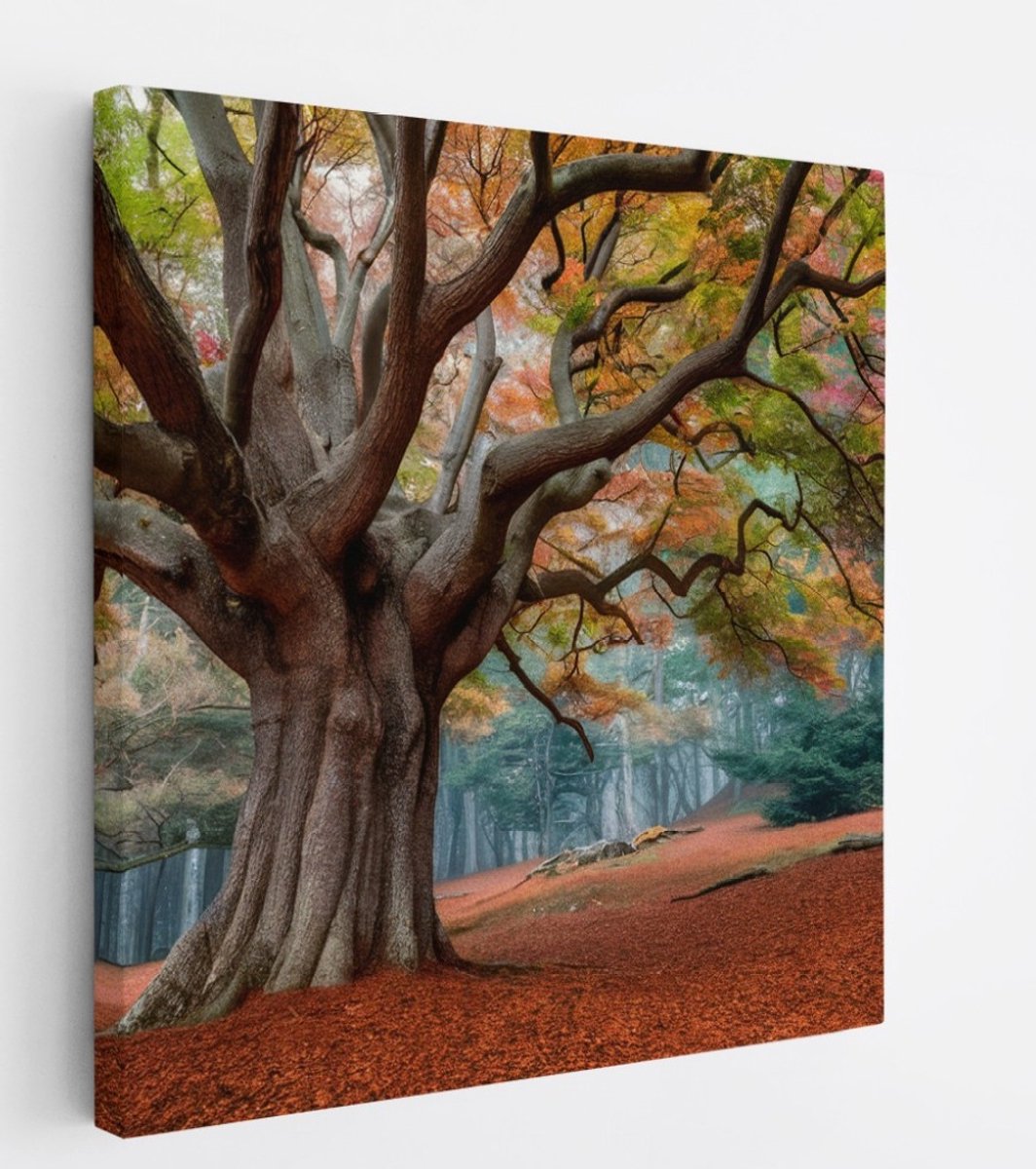 Saammp Canvas Schilderij - Bos tijdens de herfst - Landschap - Bloemen - Natuur - 100x100 - Foto op canvas - Wanddecoratie - Muurdecoratie Woonkamer - Slaapkamer decoratie - Canvas Print Multicolor