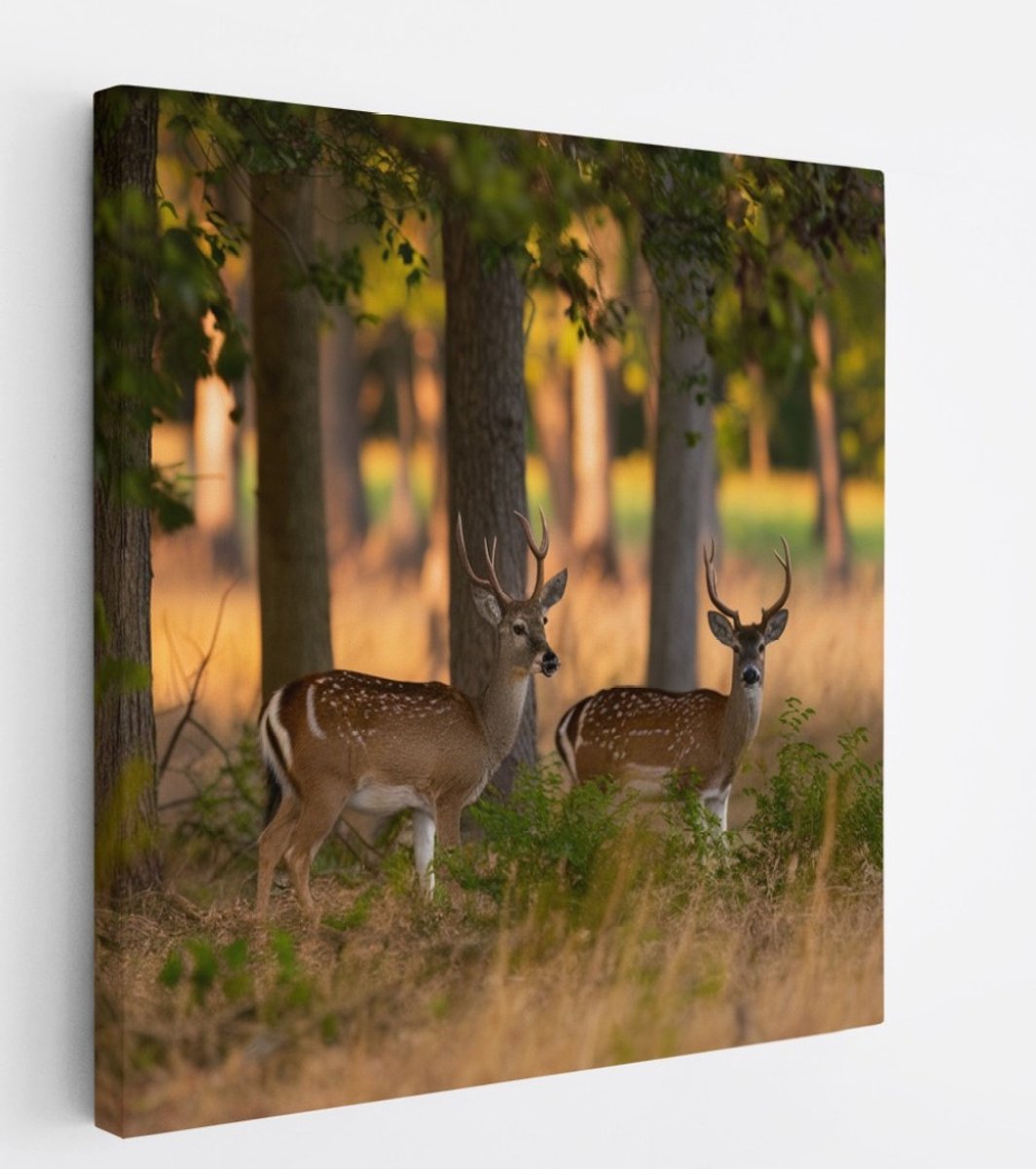 Saammp Canvas Schilderij - 2 jonge herten - Natuur - Dieren - 30x30 - Foto op canvas - Wanddecoratie - Muurdecoratie Woonkamer - Slaapkamer decoratie - Canvas Print Multicolor