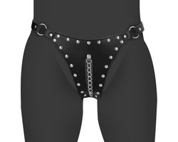 PU Leather Chastity Thong with Chain Detail - Black