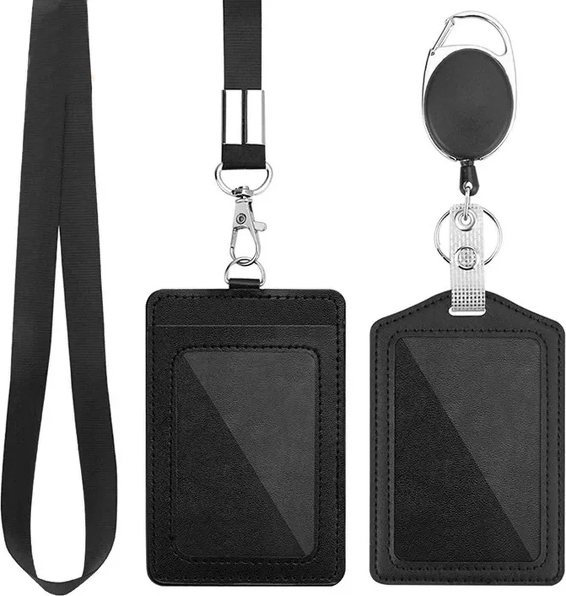Travel Cords - pashouder set zwart - 5-delig -2 kaarthouders - keycord - uittrekbare badgehouder - pu vegan leer - 360 graden draaibaar - professionele kaarthouder