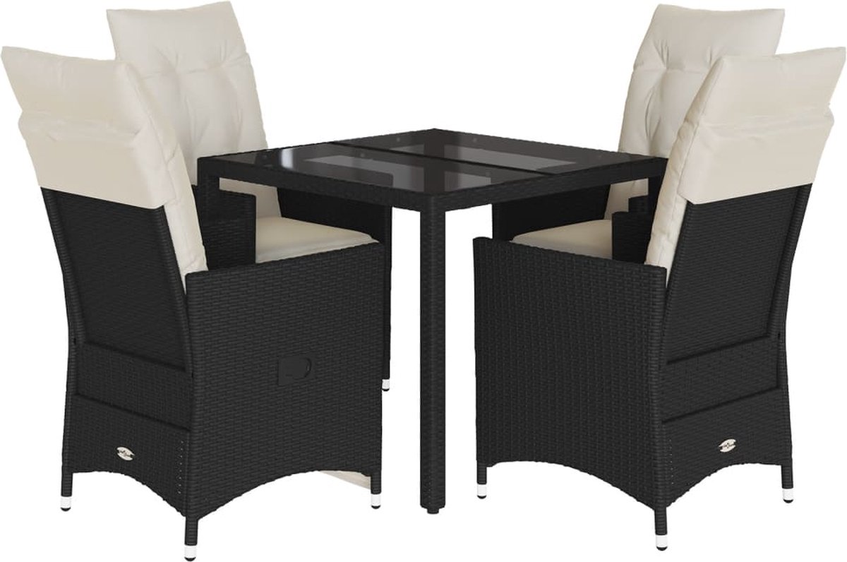 5-delige zwarte poly rattan tuinset met kussens - elegant en modern design.