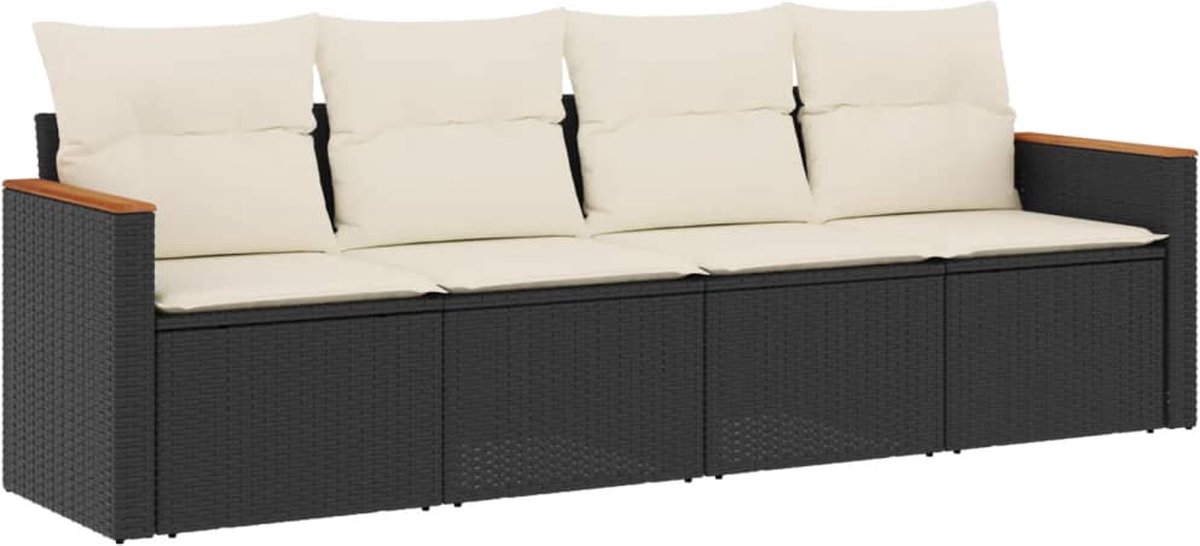 Zwart poly rattan loungeset met kussens voor tuin en outdoor.