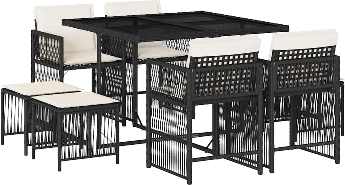 The Living Store 9-delige Tuinset poly rattan zwart - Tuinset - Buitendecoratie - Lounge Set - Eetkamerset - Pe Rattan