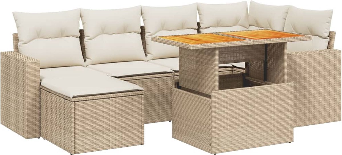 The Living Store 11-delige Tuinset met kussens poly rattan beige - Loungebank - Tuinset - Lounge Set - Buitentijnen - Tuinmeubels