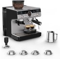 Zilverkleurige Krups espressomachine met ingebouwde grinder, diverse accessoires en rvs melkopschuimer.