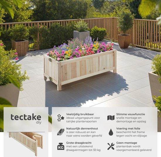 Houten plantenbak met bloemen op een terras, met informatie en detail van het hout.