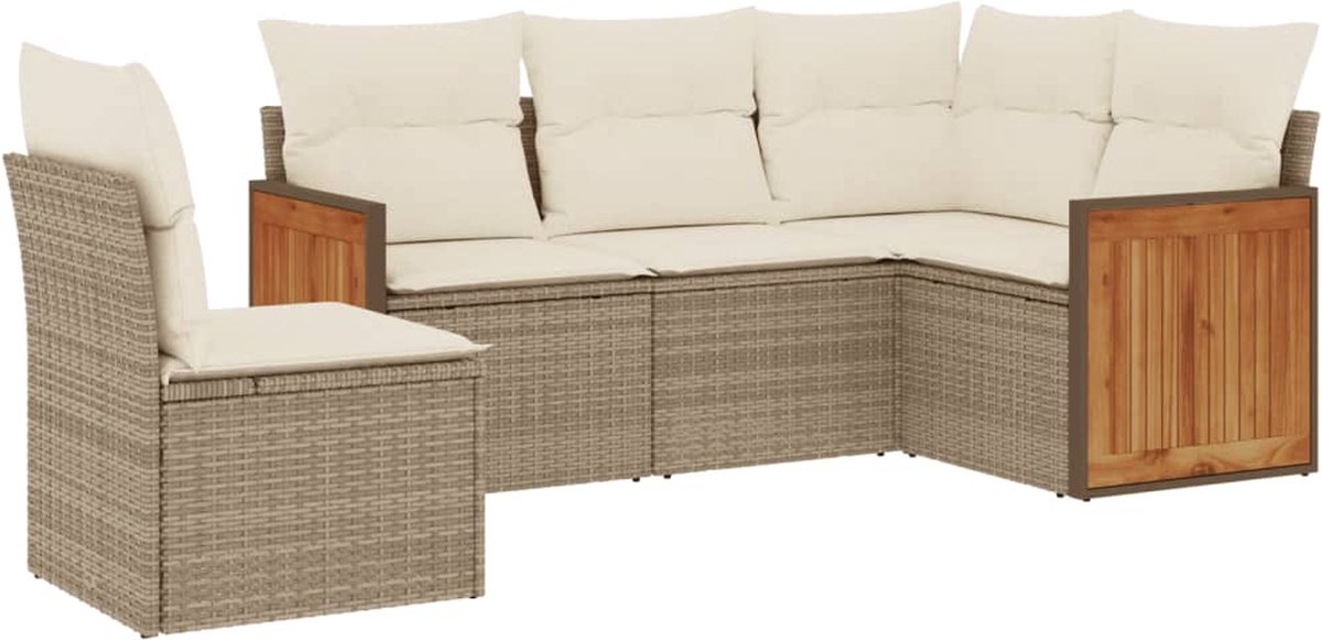 The Living Store 5-delige Loungeset met kussens poly rattan beige - Loungebank - Tuinset - Lounge Set - Buitendecoratie - Garden Furniture