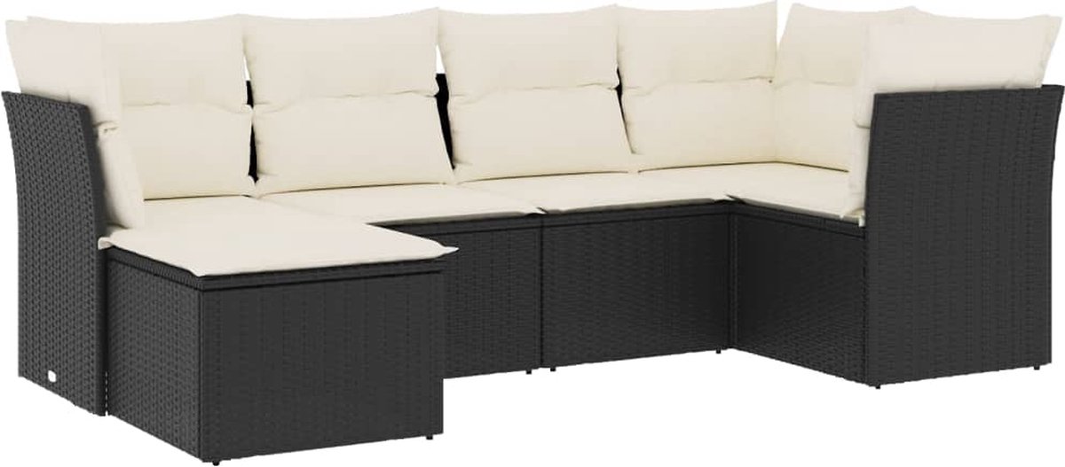 The Living Store 6-delige Loungeset met kussens poly rattan zwart - Loungebank - Lounge Set - Buitendecoratie - Tuinmeubels - Pe Rattan