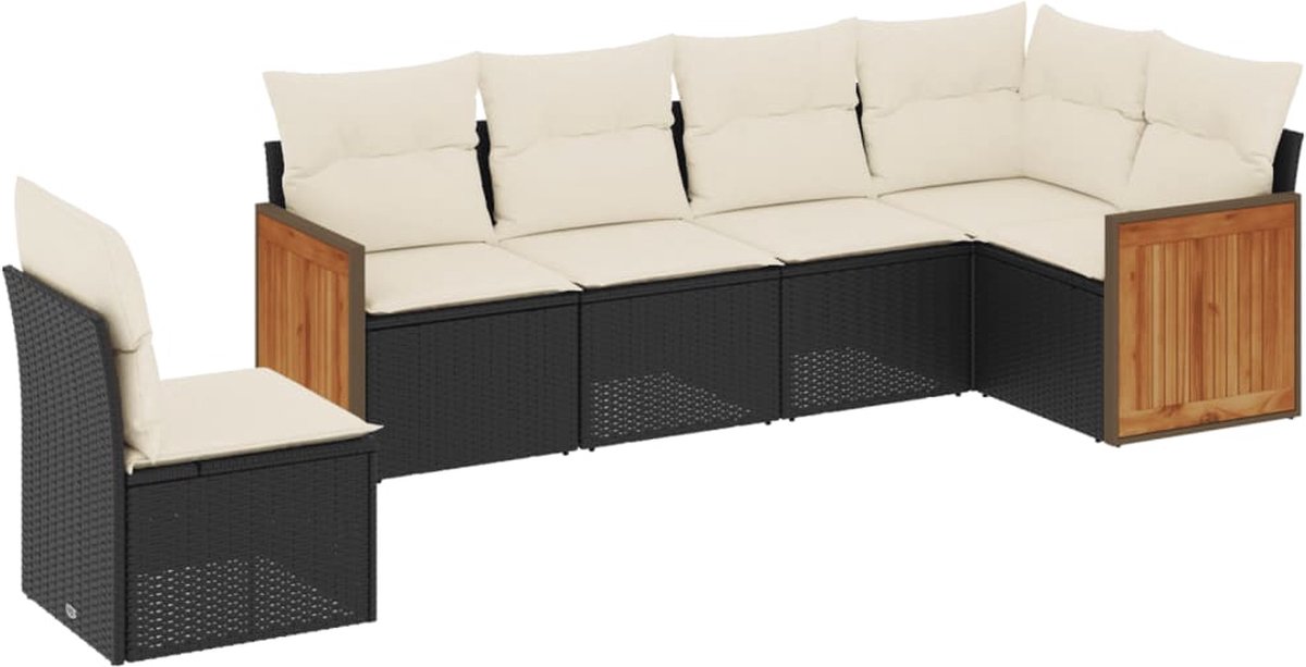 The Living Store 6-delige Loungeset met kussens poly rattan zwart - Loungeset - Tuinset - Lounge - Outdoor Furniture - Tuinmeubels