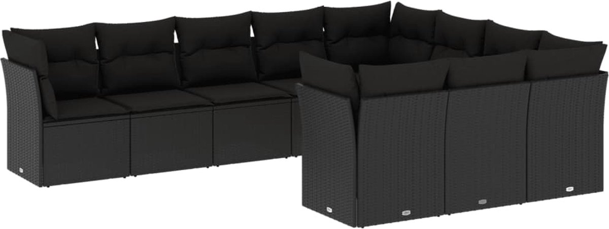 Poly rattan zwart loungeset met kussens voor buiten - Tuinmeubelen - The Living Store