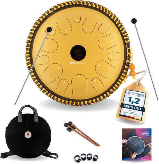 Foto: Venividi tongue drum zwart 16 centimeter 11 verschillende tonen inclusief venividi muzieklesboek venividi draagtas handpan klankschaal handpan drum yoga muziek meditatie mediteren
