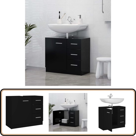 vidaXL Wastafelkast - 63x30x54 cm - Bewerkt hout - Zwart Gootsteenkast - Badkamerspiegel - Zwarte Badkamerkast - Badkameropslag - Spaanplaat Kast