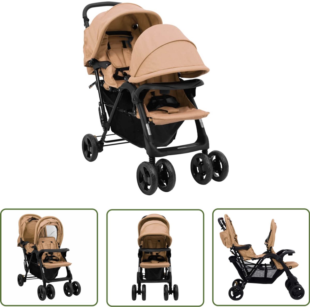 The Living Store Dubbele Tandemwagen - Staal en Linnen - 122.5 x 53.5 x 111 cm - Taupe/Zwart