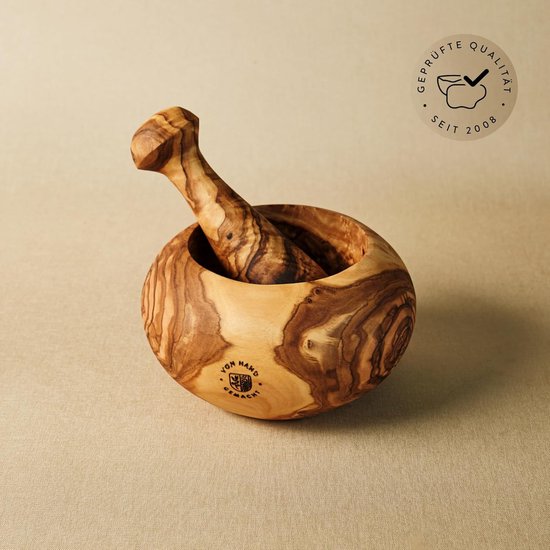Benera vijzel en stamper set van olijfhout ca. 12 cm diameter