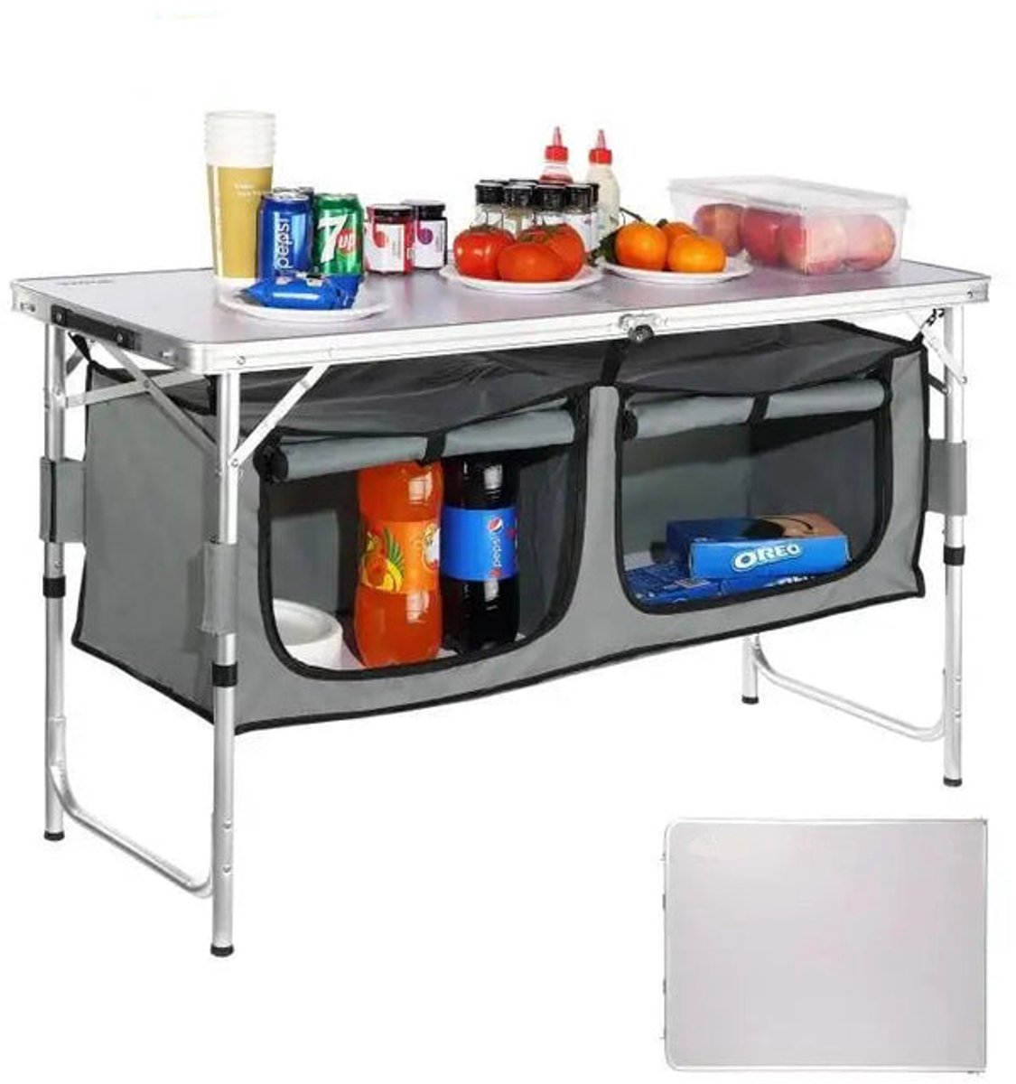 Picknicktafel - Picknicktafel Inklapbaar - Met Keuken Campingkastjes – Aluminium Koffer Tafel - Opbergtas - Verstelbare Hoogte voor Buiten en Tuin - 120x47x70cm - Zilver