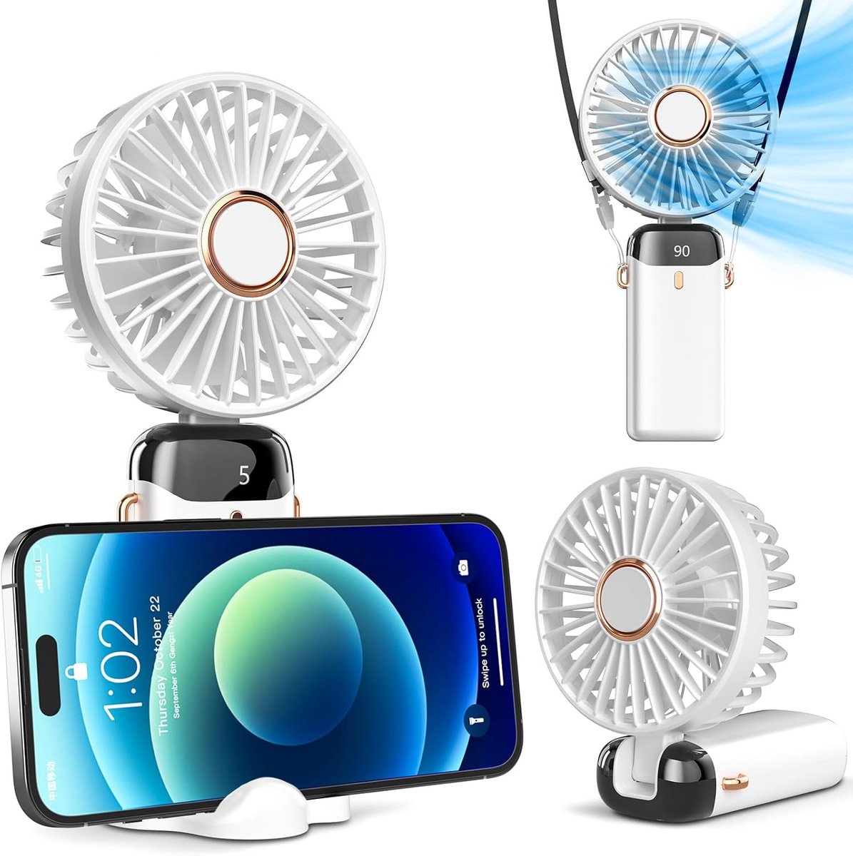Draagbare Handventilator met Digital Display - Oplaadbare Mini Ventilator met 5 Snelheden en 90° Verstelbaar