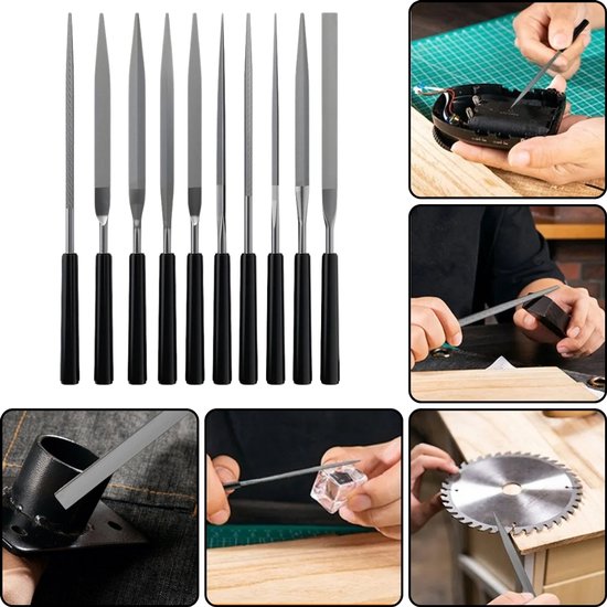 Set van 10 naaldvijlen met zwarte handvatten, naast diverse close-ups van het gebruik op verschillende materialen.