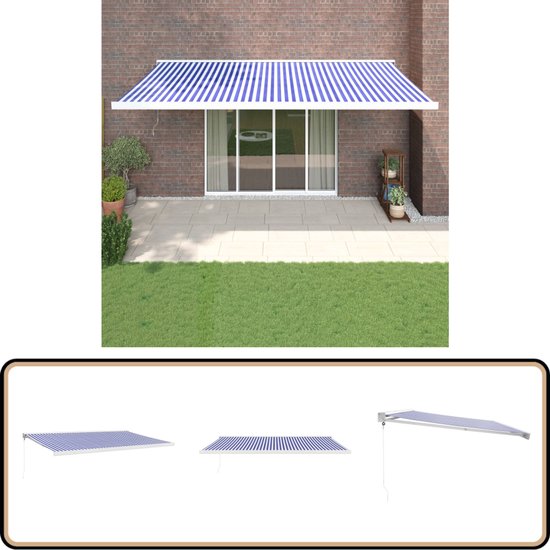 vidaXL Store rétractable 5x3 m bleu et blanc Store de jardin - Toit de terrasse - Voile d'ombrage - Store en aluminium - Store mural