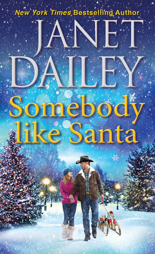 Boekomslag: een stel wandelt door een besneeuwd park met kerstbomen; titel: Somebody like Santa door Janet Dailey.