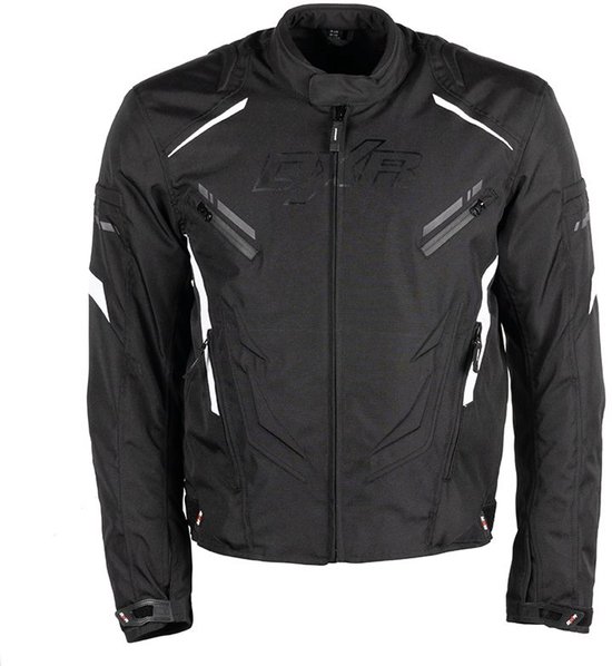 Zwarte motorjas met witte accenten en DXR logo op de voorkant.