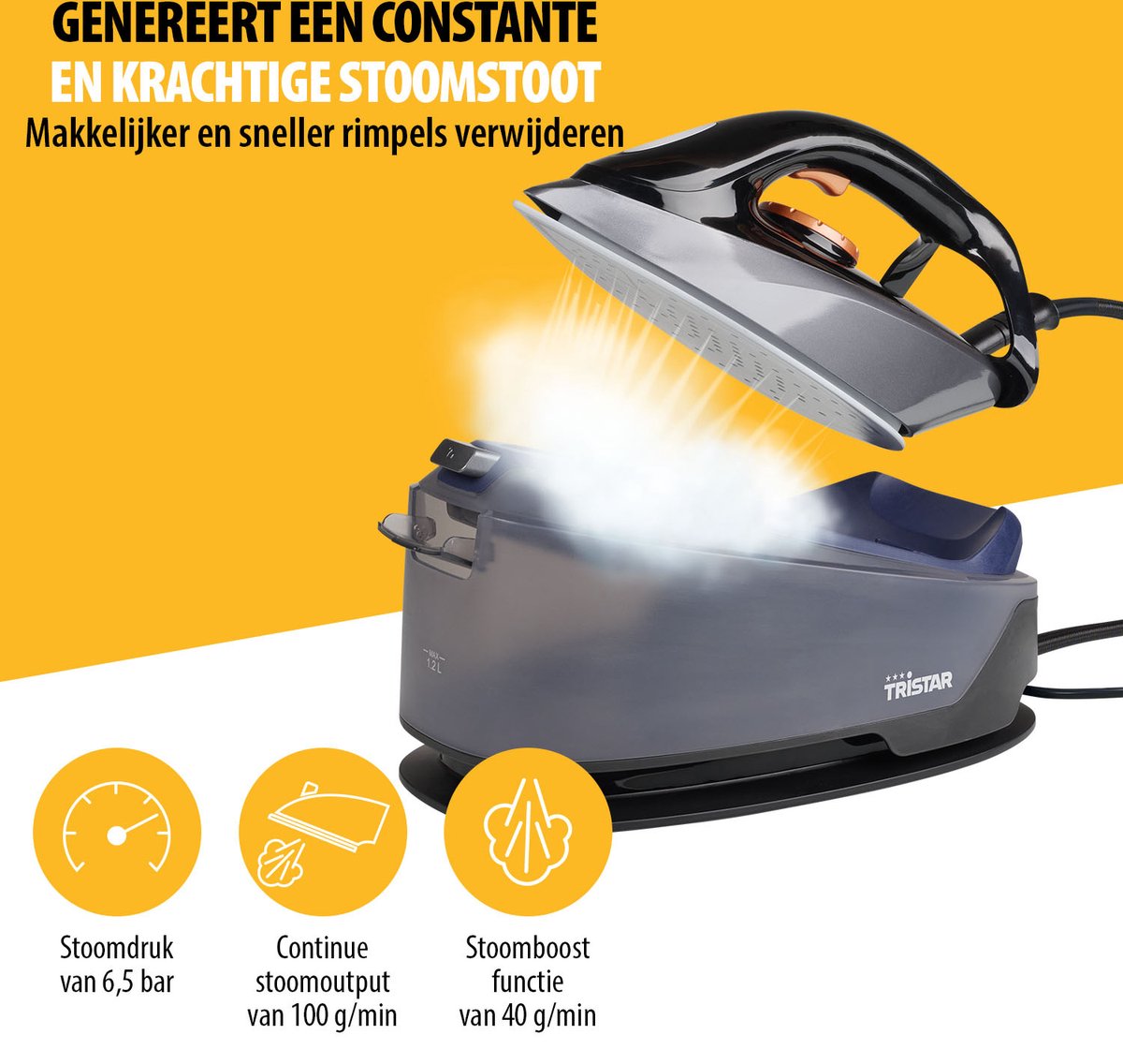Tristar ST-8930 - Strijkijzer Stoomgenator - 2200W - 1.2 L watertank - 6,5 bar - Antraciet/blauw — afbeelding 2