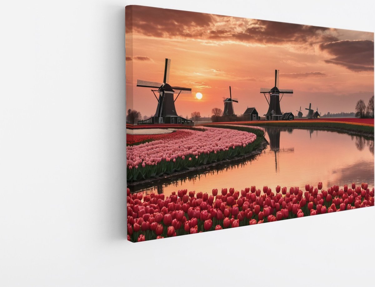 Saammp Canvas Schilderij - Landschap - bloemenveld met molens - Natuur - 50x40 - Foto op canvas - Wanddecoratie - Muurdecoratie Woonkamer - Slaapkamer decoratie - Canvas Print Multicolor