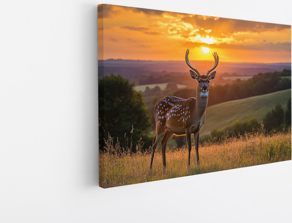 Saammp Canvas Schilderij - Hert in zonsopgang tussen de heuvels - Natuur - Dieren - 60x40 - Foto op canvas - Wanddecoratie - Muurdecoratie Woonkamer - Slaapkamer decoratie - Canvas Print Multicolor