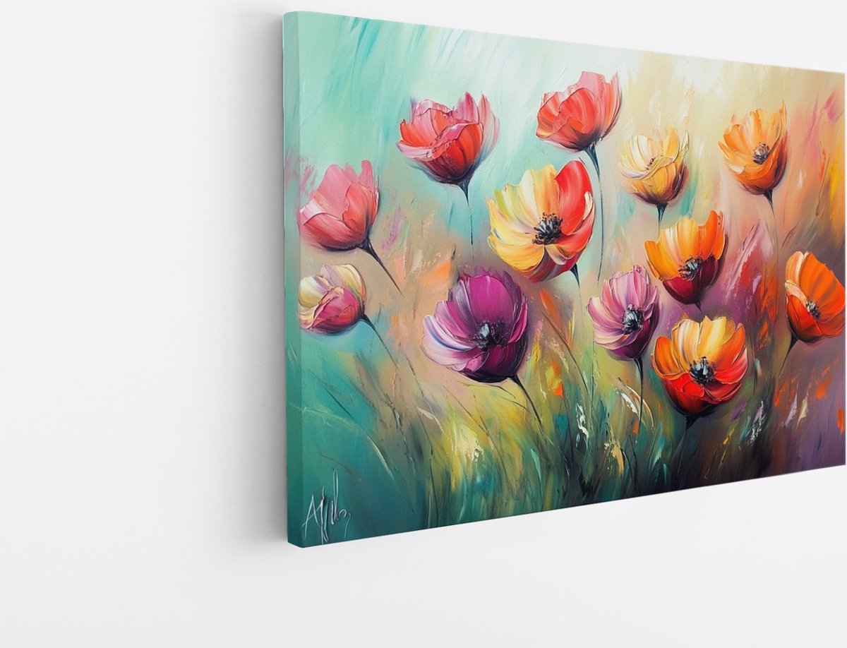 Saammp Canvas Schilderij - Oranje Paars Gekleurde Bloemen - Kleurrijk - Natuur - Abstract - 50x40 - Foto op canvas - Wanddecoratie - Muurdecoratie Woonkamer - Kantoor Decoratie Multicolor