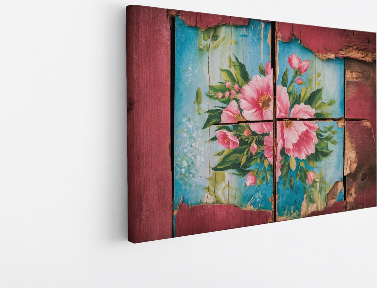 Saammp Canvas Schilderij - Bloemen op hout - Abstract - 50x40 - Foto op canvas - Wanddecoratie - Muurdecoratie Woonkamer - Kantoor Decoratie Multicolor