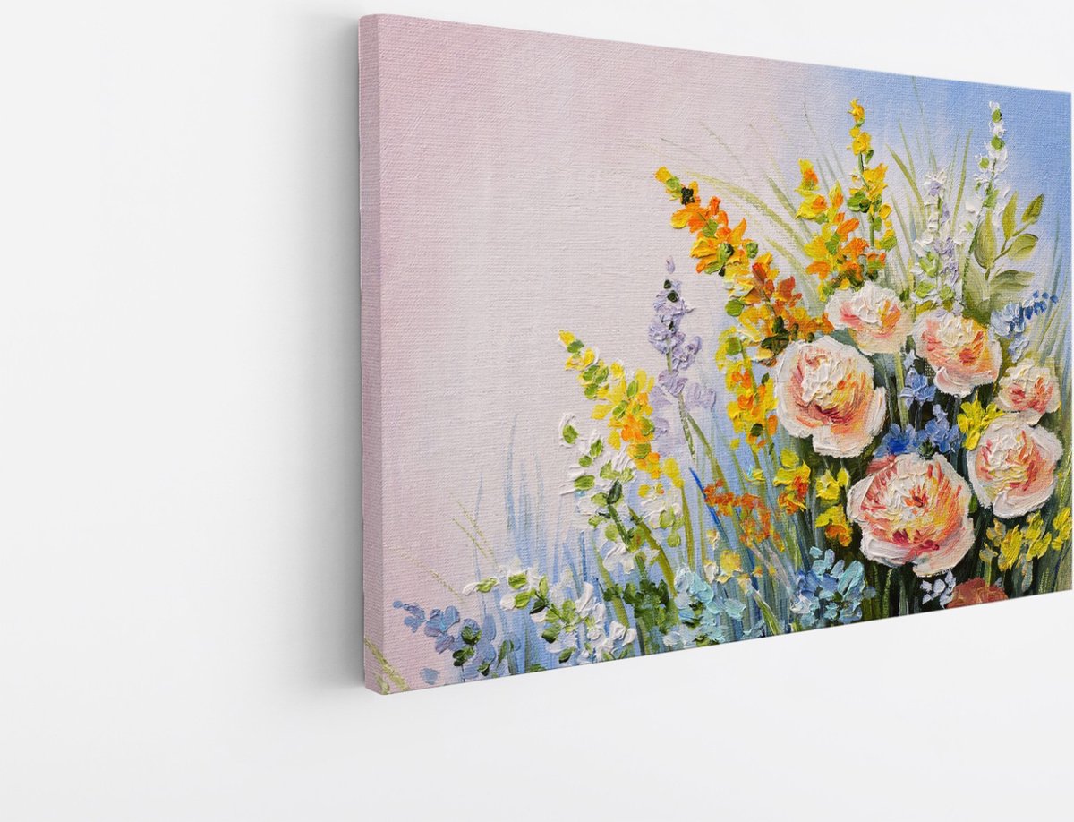 Saammp Canvas Schilderij - Pastel Bloemen - Natuur - Abstract - 50x40 - Foto op canvas - Wanddecoratie - Muurdecoratie Woonkamer - Kantoor Decoratie Multicolor