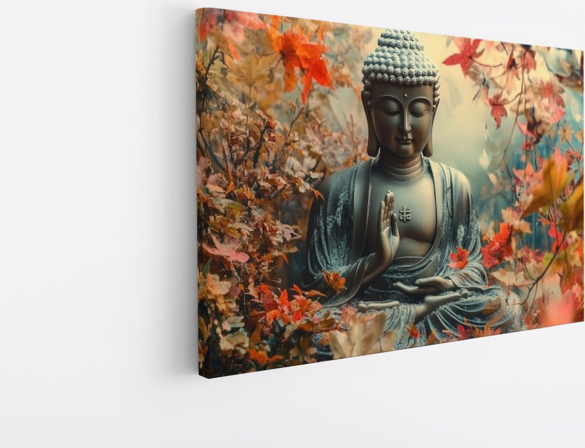 Saammp Canvas Schilderij - Boeddha tussen de Bladeren - Abstract - 50x40 - Foto op canvas - Wanddecoratie - Muurdecoratie Woonkamer - Canvas schilderijen Multicolor