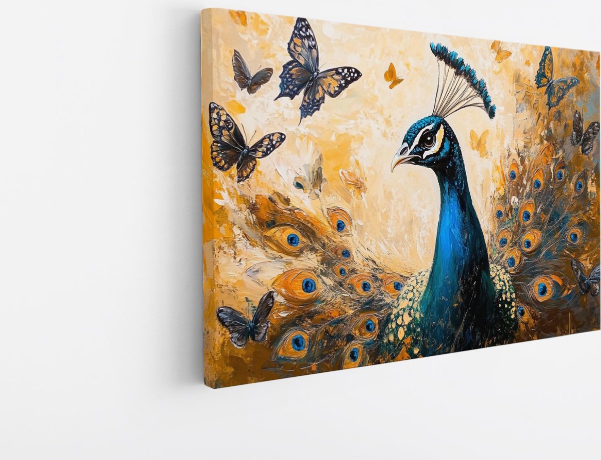 Saammp Canvas Schilderij - Pauw met Vlinders - Bloemen - Dieren - Natuur - 45x30 - Foto op canvas - Wanddecoratie - muurdecoratie Woonkamer - Slaapkamer decoratie - Canvas Print Multicolor