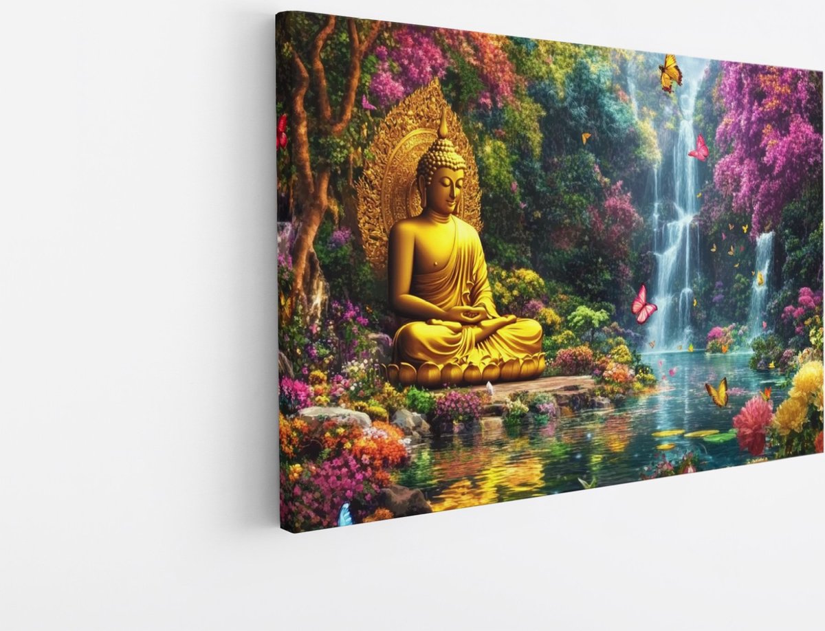 Saammp Canvas Schilderij - Boeddha in bloementuin - Abstract - 40x30 - Foto op canvas - Wanddecoratie - Muurdecoratie Woonkamer - Slaapkamer decoratie - Canvas Print Multicolor