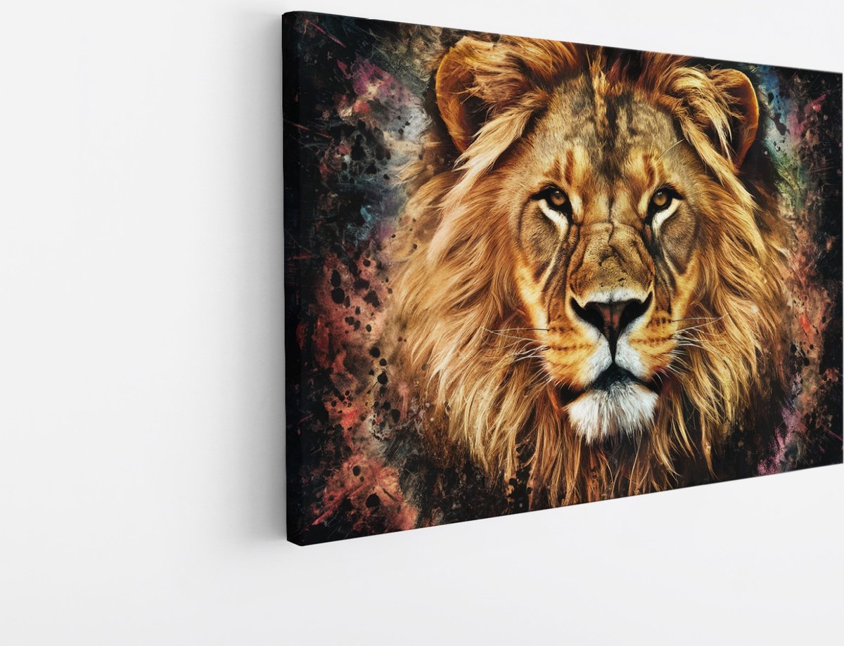 Saammp Canvas Schilderij - Abstracte Leeuw - Portret - Kleurrijk - Dieren - Natuur - 45x30 - Foto op canvas - Wanddecoratie - Muurdecoratie Woonkamer - Slaapkamer decoratie - Canvas Print Multicolor