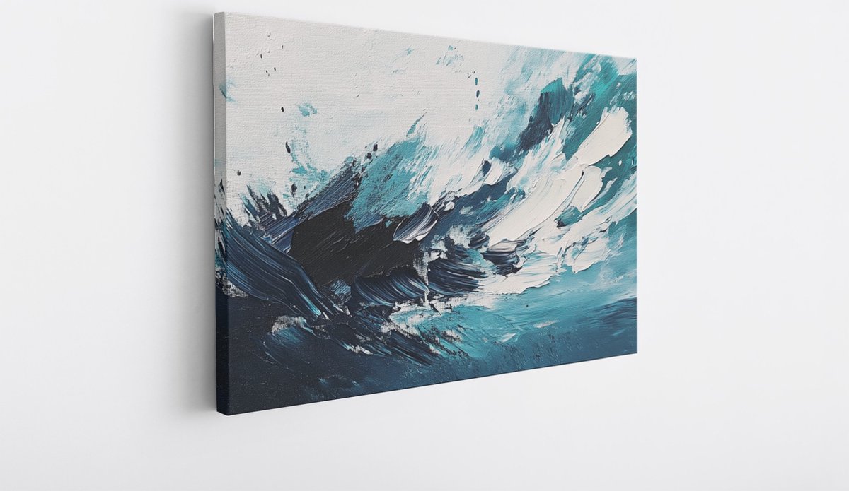 Saammp Canvas Schilderij - Wit Blauwe penseelstreken - Abstracte wanddecoratie- 40x30 - Foto op canvas - Wanddecoratie - Muurdecoratie Woonkamer - Kantoor Decoratie Multicolor
