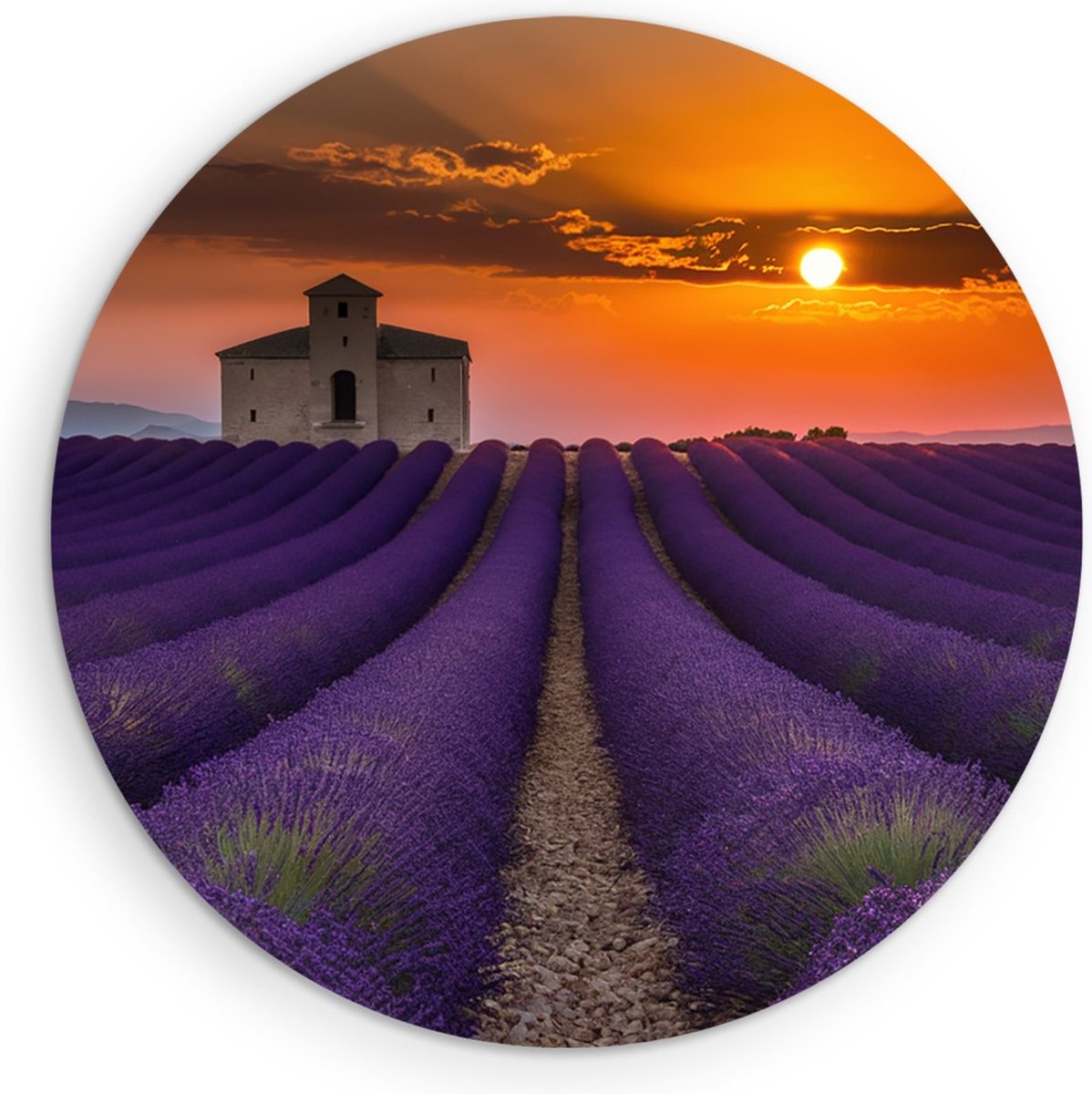 Saammp Muurcirkel Hout - Lavendelveld met huis - Natuur - Landschap - Ø 60 - Wandcirkel - Wanddecoratie Cirkel - Muurdecoratie Woonkamer - Slaapkamer decoratie - Rond Schilderij