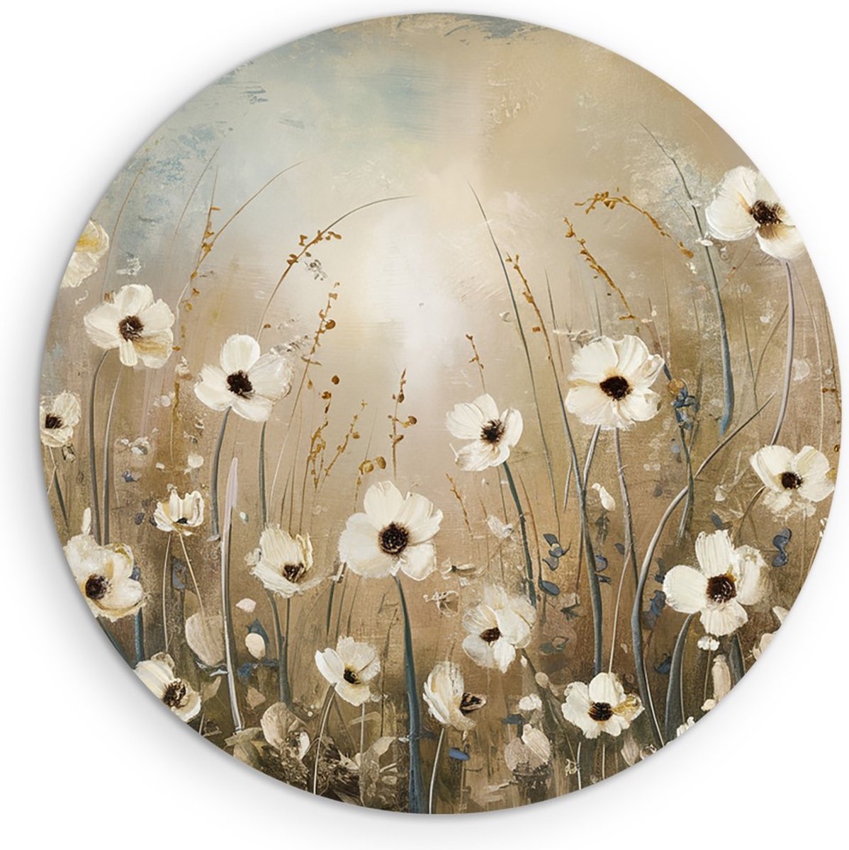 Saammp Muurcirkel Hout - Abstracte Witte Bloemen - Natuur - Ø 70 - Wandcirkel - Wanddecoratie Cirkel - Muurdecoratie Woonkamer - Kantoor Decoratie