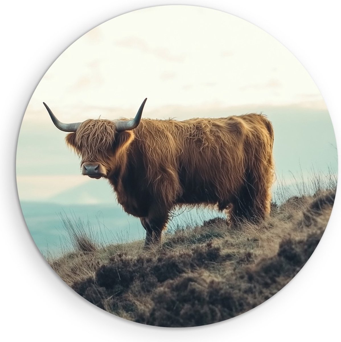 Saammp Muurcirkel Hout Schotse Hooglander Koe tussen de bomen - Dieren - Natuur - Ø 50 - Wandcirkel - Wanddecoratie Cirkel - muurdecoratie Woonkamer - Slaapkamer decoratie - Rond Schilderij