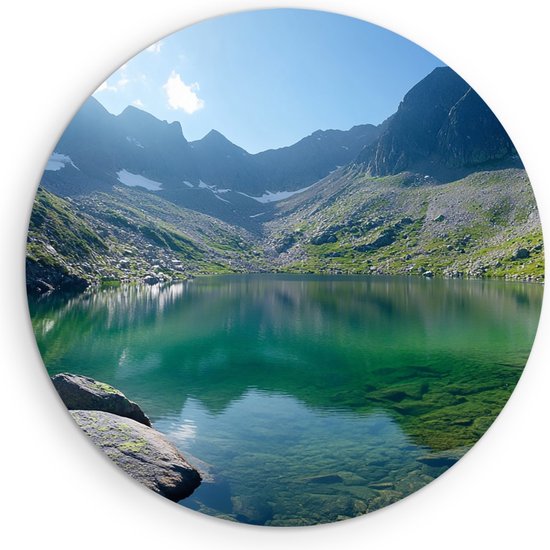 Saammp Muurcirkel Hout - Blauw water tussen de bergen - Natuur - Landschap - Ø 40 - Wandcirkel - Wanddecoratie Cirkel - Muurdecoratie Woonkamer - Slaapkamer decoratie - Rond Schilderij