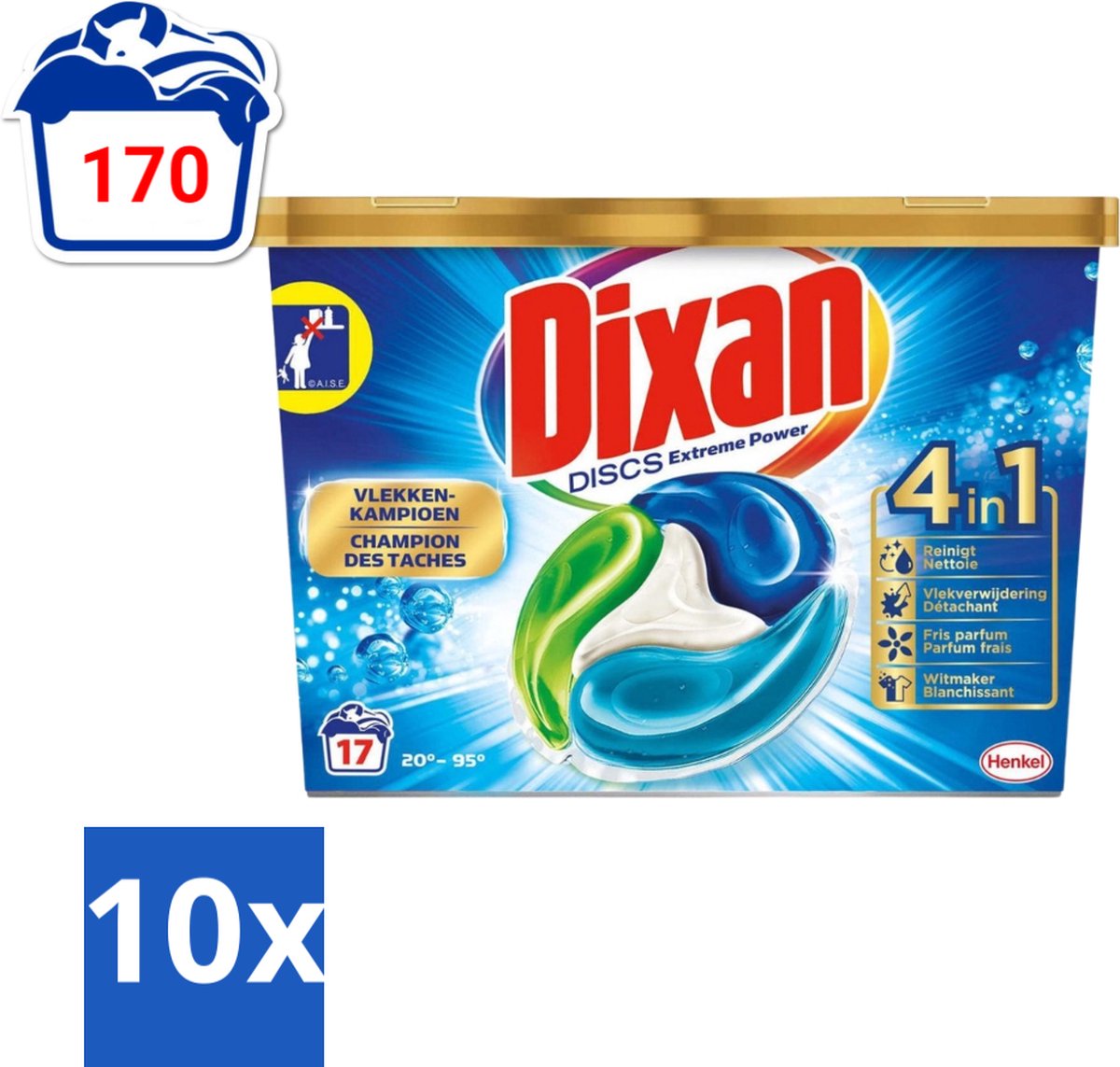 Dixan Discs - Wasmiddelcapsules en Vlekverwijderaar - Extreme Power - Witte, Gekleurde & Zwarte Was - 17 Wasbeurten - Bulkverpakking - 10 stuks