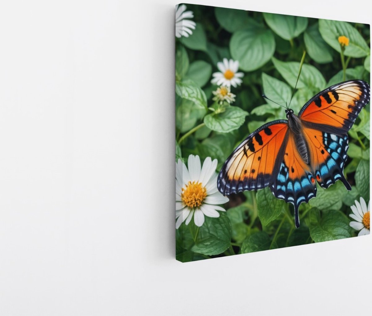 Saammp Canvas Schilderij -Vlinder bij bloem - Dieren - Natuur - 40x40 - Foto op canvas - Wanddecoratie - muurdecoratie Woonkamer - Slaapkamer decoratie - Canvas Print Multicolor