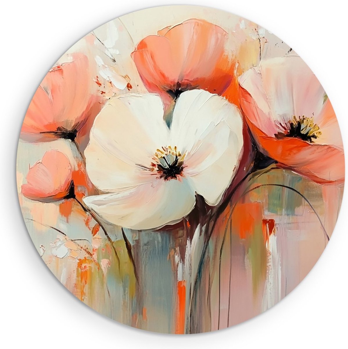 Saammp Forex Muurcirkel - Beige Bloemen met oranje en groen - Natuur - Abstract - Ø 30 - Wandcirkel - Wanddecoratie Cirkel - Muurdecoratie Woonkamer - Woonkamer Decoratie