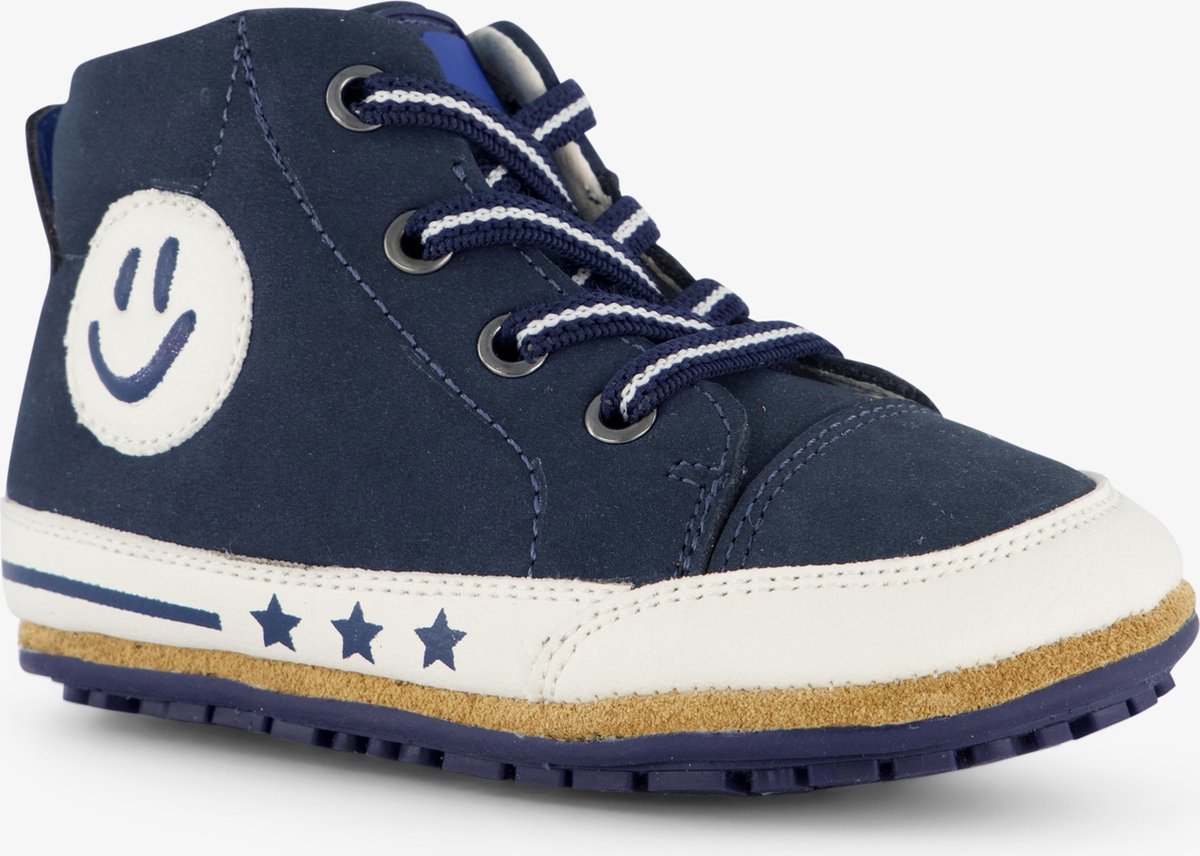 Groot leren babyschoenen blauw met smiley - Maat 19 - Uitneembare zool - In cadeauverpakking
